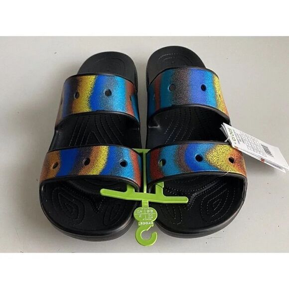 CROCS Classic SPRAY DYE SLIDES Men’s Size 13 Black Tie Dye Sandals NEW - Picture 1 of 11
